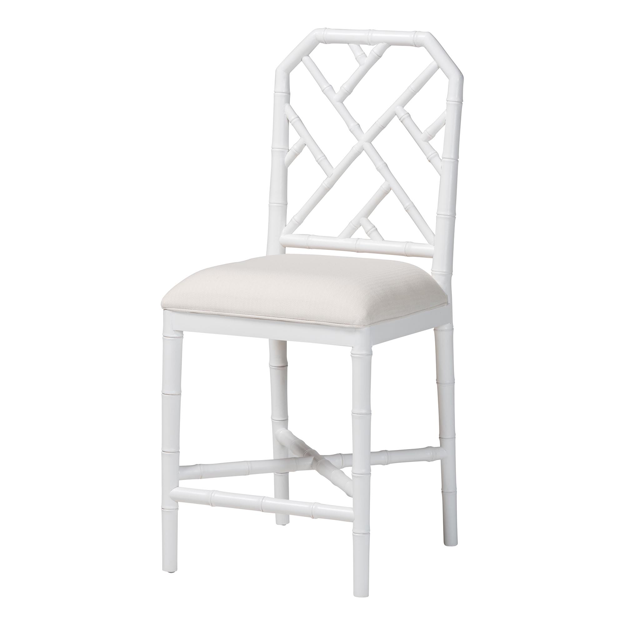 bali & pari Sergio Wood Counter Stool - Chippendale Kitchen Island Seating with Bamboo Motif and Upholstered Seat Cushion, White
